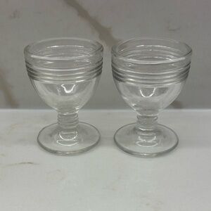 Pair Vintage Dominion Clear Glass Egg Cups Saguenay Pattern 3 Ribbed Strips